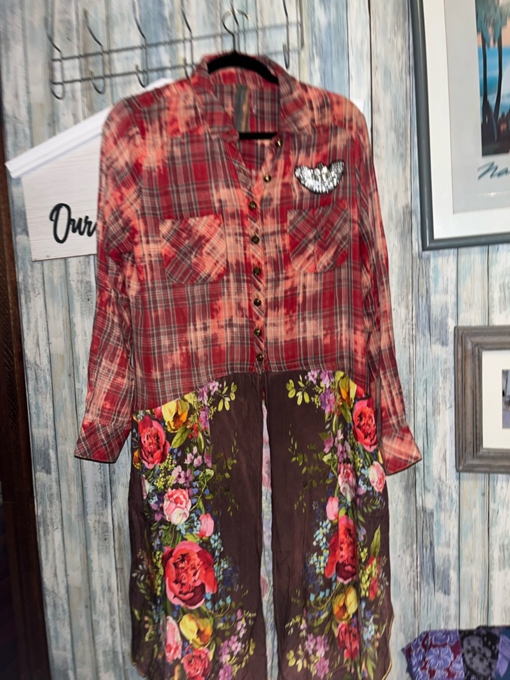 Aratta Medium Floral Scarlet Plaid Long Tunic in Coral Pink - Picture 9 of 11